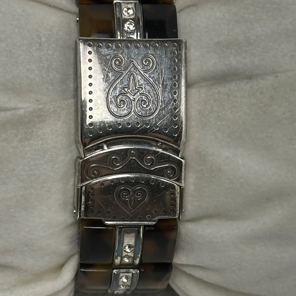 Brighton Women's Silver and Brown Tortoise Link Heart Watch w/ Rhinestones 2.75”